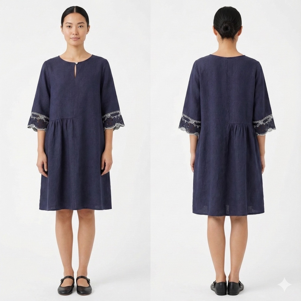 VALIA Made in Australia Navy 100% Linen Dress White Crochet Trim Sz L